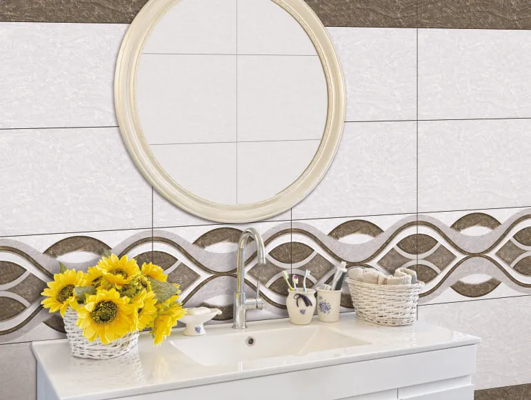 Chic beige bathroom design showcasing a white sink and round mirror